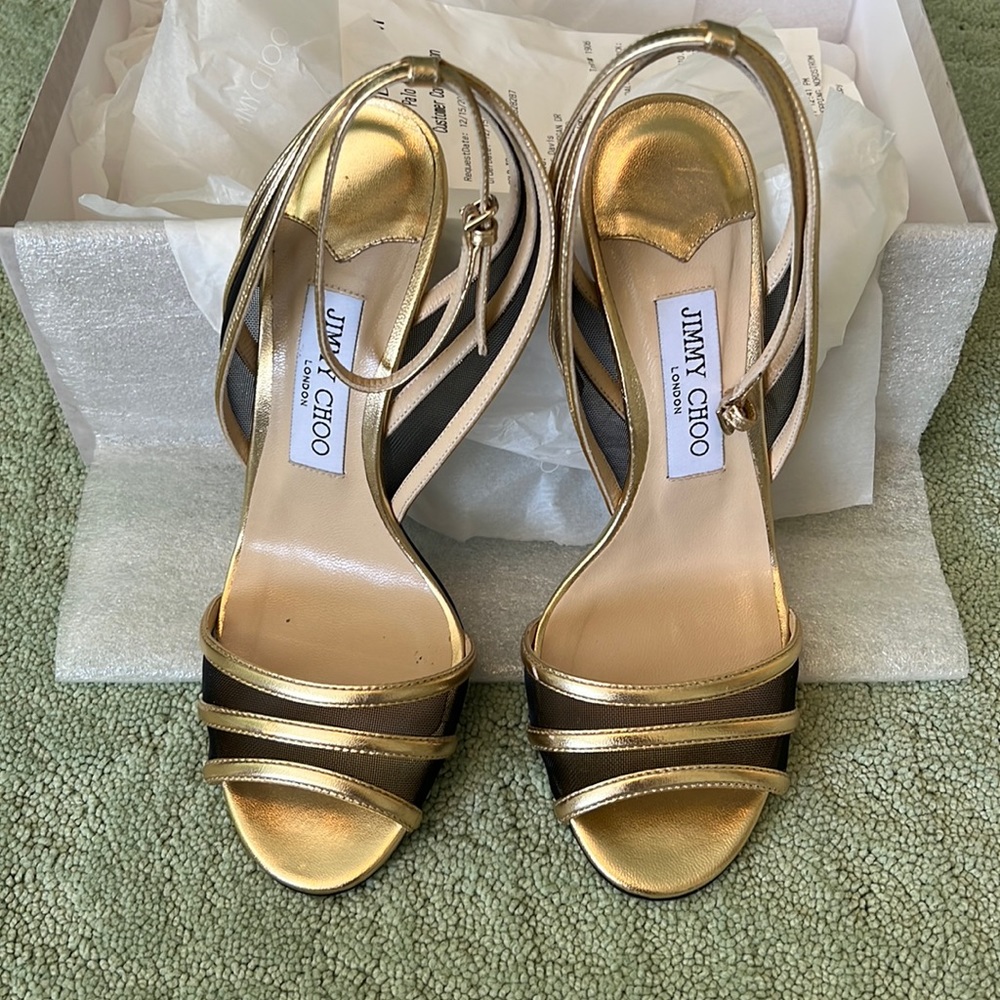 Jimmy Choo/ Gold with black mesh/Size 38/Mint Condition/New
